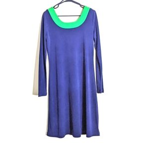🌟 Isaac Mizrahi Color Block Navy Blue Green Scoop Neck Long Sleeve Shift Dress